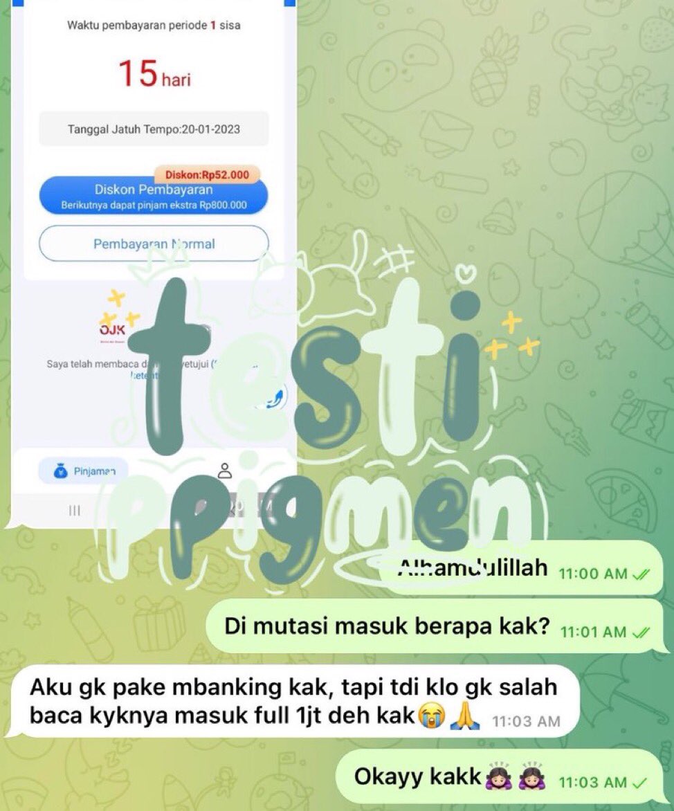 ppigmen's tweet photo. Halo🙆🏻‍♀️🙆🏻‍♀️ Aku buka joki pinjol yaaa! untuk kalian yang udah cape galob tulob dan udah bingung bayar cicilan selanjutnya gimana? Bisa Dm/tele aku yaa! syaratnya cuma gapernah telat dan galbay aja😬😬 Fee diakhir kok✨✨ #pinjol #jokipinjol #zonauang agnes jerome anissa aziza dandy https://t.co/z17qp1nfiw
