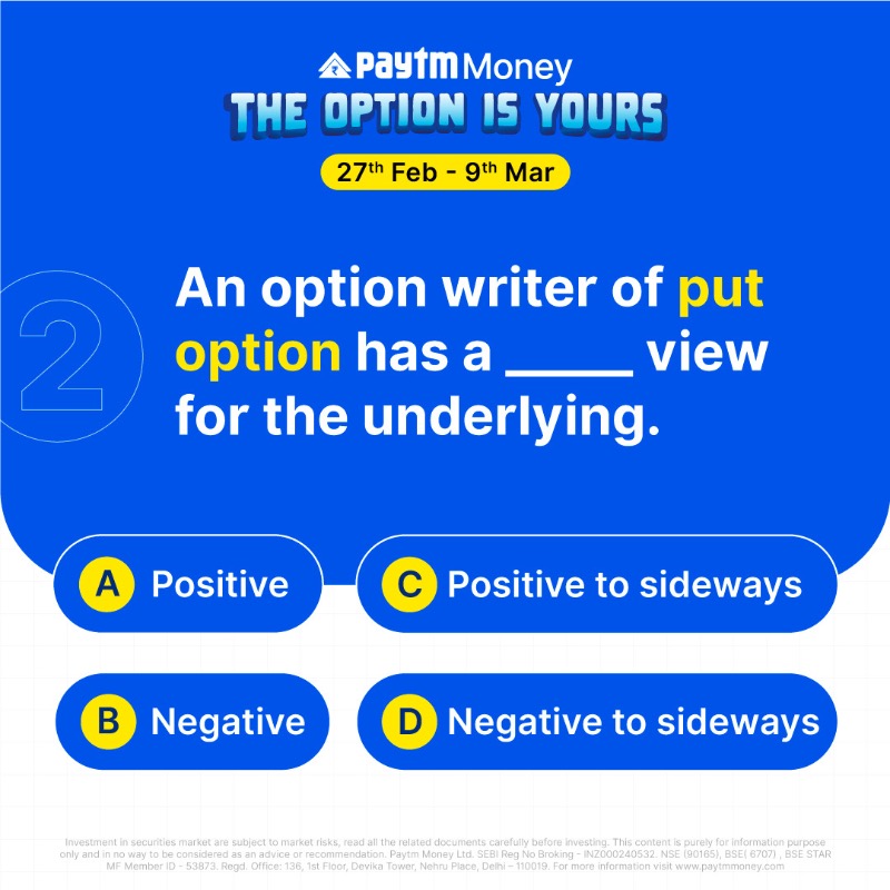 PaytmMoney's tweet photo. Show us how much you know about Options Trading.

Participation is open till 12 PM on 27 Feb 2023.

#PaytmMoney #TheOptionIsYours #FuturesAndOptions #ExpertTalks #TradingExperts #ProfessionalTalks #LiveEvent