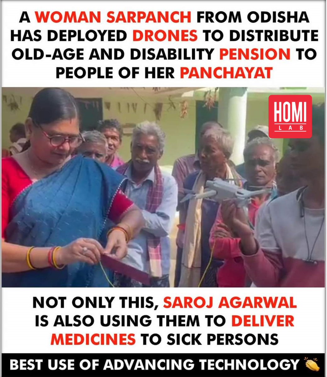 Saroj Agarwal, a Sarpanch from Odisha, uses drones to deliver pension to divyang doorstep. Empowering the marginalized with innovation! #CommunityEmpowerment #TechnologyForGood #Innovation #Sarpanch #Divyang #PensionScheme #DroneDelivery