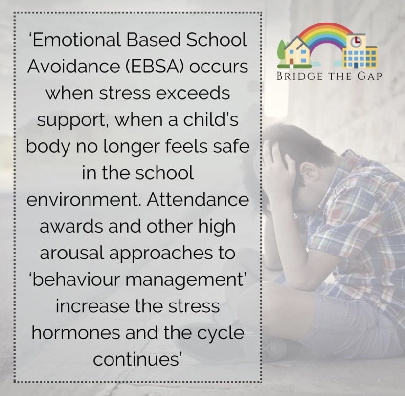 #EBSA or #SchoolRefusal ⬇️⬇️

The cycle ➡️ #UnmetNeeds ➡️Increased #Anxiety ➡️ #Masking at School ➡️ Parents struggle at home with child’s behaviour ➡️ Parents talk to school ➡️ School don’t acknowledge ➡️ Apportion #ParentBlame ➡️ Child can’t access school