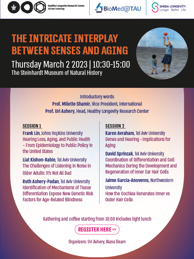 of_sagol's tweet photo. The Intricate Interplay Between #Senses and #Aging.
Thursday, March 2, 2023, 10:30 – 15:00.
The Steinhardt Museum of Natural History, #TelAviv.
#Healthy #Longevity #Research Center, @TelAvivUni.

Register here:
https://t.co/4lv0gCkYEs https://t.co/1X9tJMUbLo