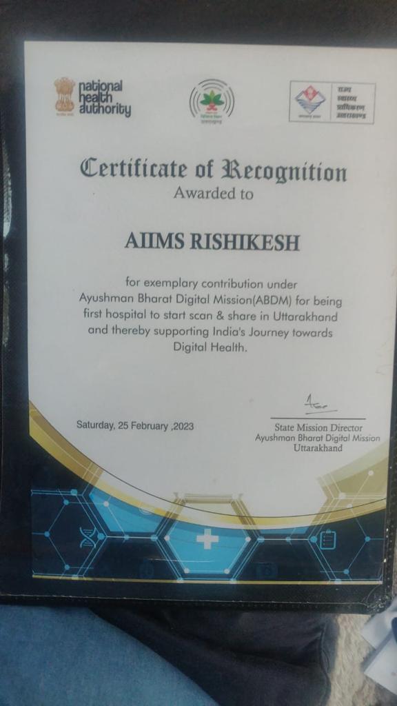 aiimsrishi's tweet image. Certificate of recognition awarded to @aiimsrishi by NHA to start scan &amp;amp; share Abha ID linkage. 
@MoHFW_INDIA @AyushmanNHA @meenusingh4