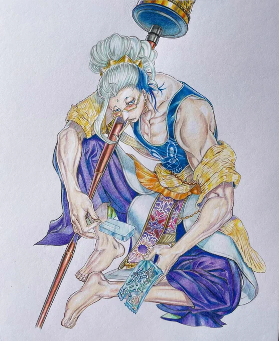 終末のワルキューレ 釈迦 完成。 DAISO A4画用紙 色鉛筆模写 #終末のワルキューレ #釈迦 #模写 #色鉛筆イラスト