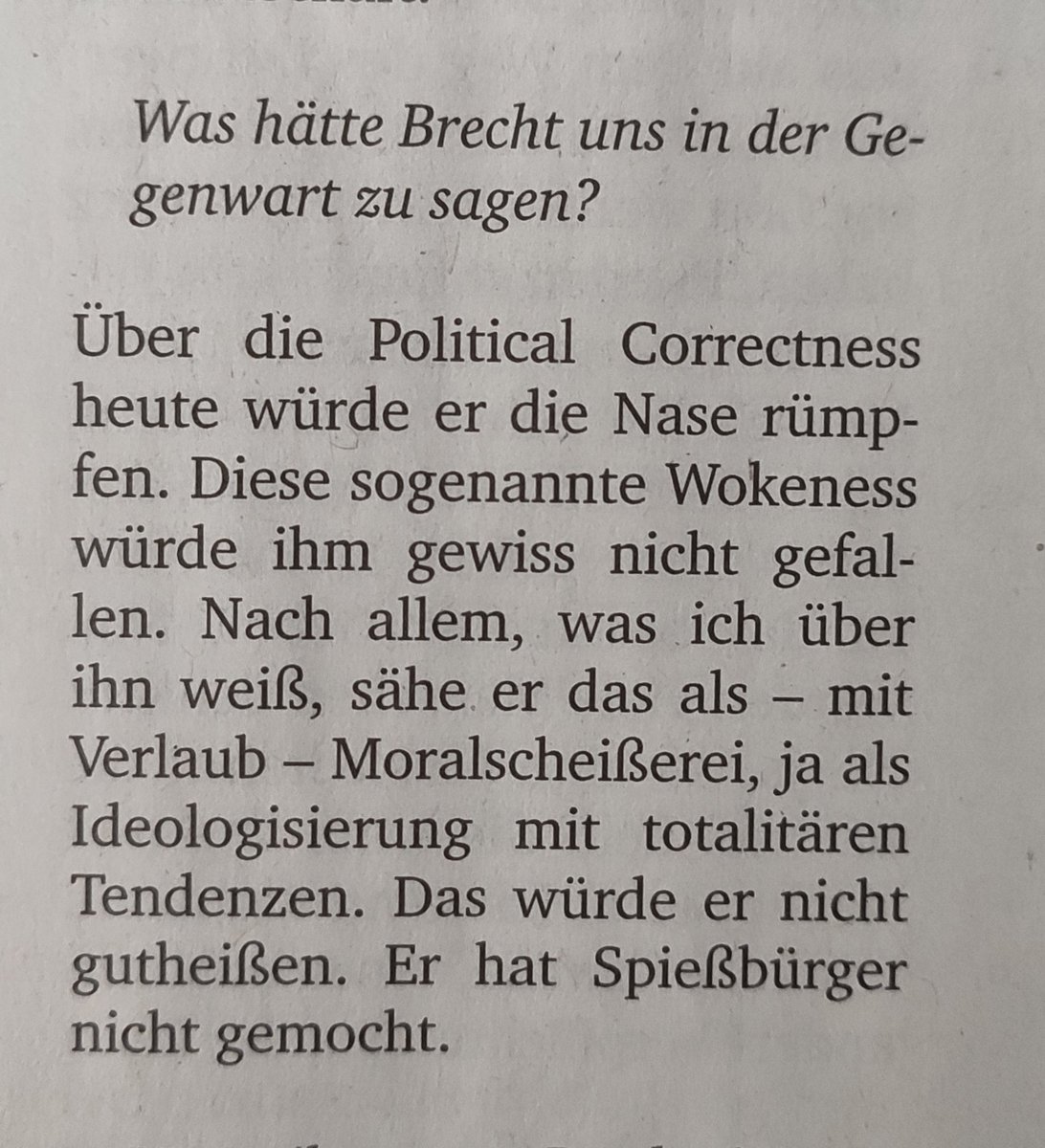 Klare Aussage 👍
Aus dem Artikel 'Begnadeter Opportunist', erschienen in der katholischen Wochenzeitung 'Tag des Herrn' (Nr. 8, 26. Februar 2023, Horizonte III)

#politicalcorrectness #bertoldbrecht