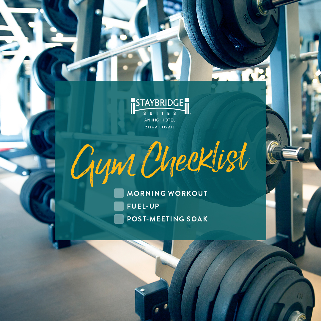 SLusail's tweet photo. Stay fit &amp; healthy all day and night by following this fun gym checklist! Book with us and get a free access to our gym!

For more inquiries, contact us!
📞 +974 4456 5000
staybridge.doha@ihg.com

#StaybridgeSuites #StaybridgeSuitesDohaLusail #HotelQatar #HotelDoha #HotelLusail https://t.co/spd74kjg1w