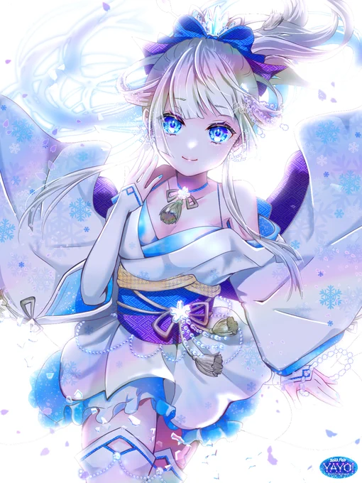 氷桜2023 #雪女 #着物 #桜 #氷 #姫カット #逆光 #ポニーテール #碧眼 #ibispaint #pixiv  