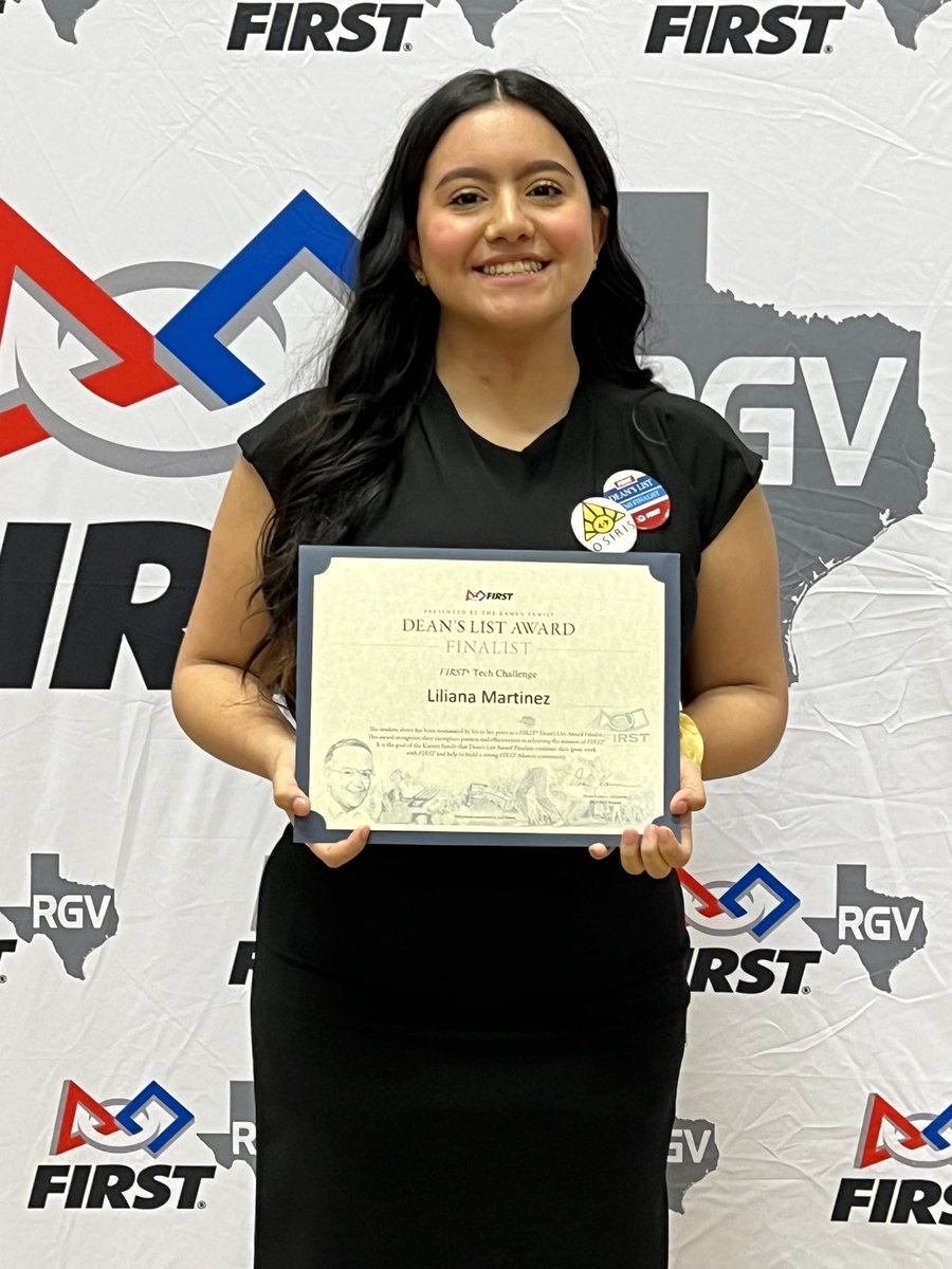 We have our first deans list finalist from McAllen Memorial! She will be representing the entire RGV at Worlds in April Congratulations and Goodluck‼️ @McAllenISDCTE @McAllenISDCTE @FIRSTRGV @FIRSTinTexas @FTCTeams @DrGonzalez8 @firstlikeagirl #omgrobots