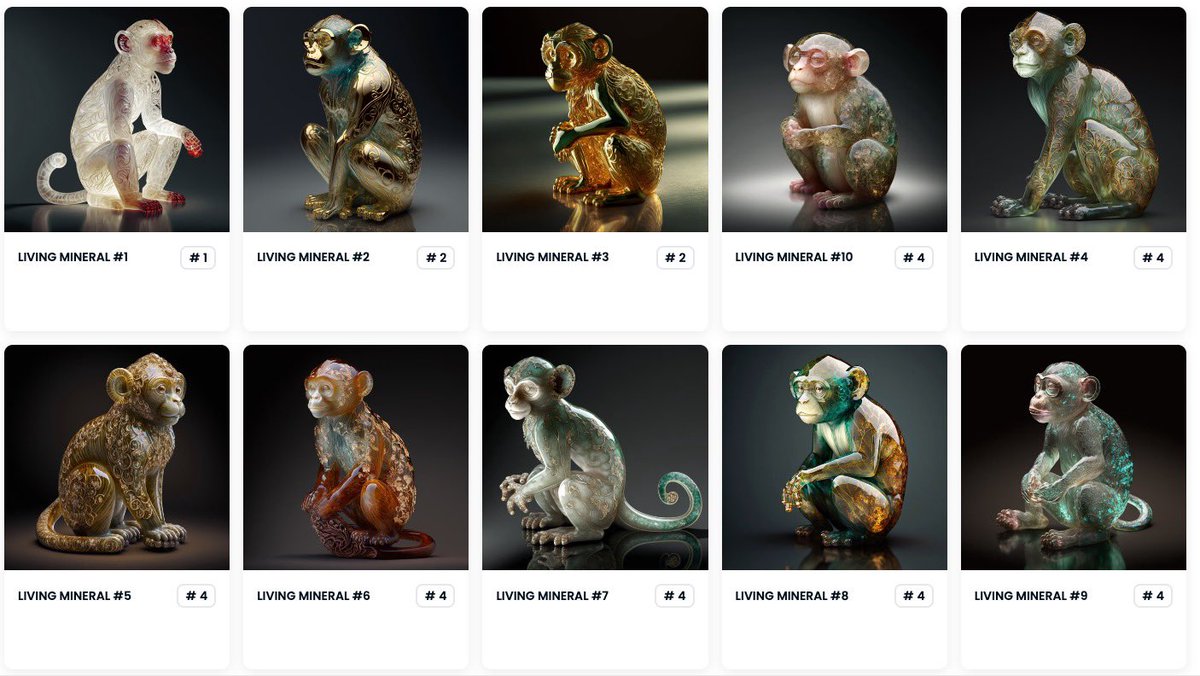 《ALL LIVING MINERALSについて》
・宝石削り出しの動物がテーマ
・基本的に全てエアドロ配布
・各動物10体ずつのシリーズ
・レアリティは現在3種類

現在は第一弾の猿シリーズです！
引き続きエアドロしていきまーす✨

<a href="/bearbits_nft/">Bearbits</a> <a href="/livingmineral/">ALL LIVING MINERALS</a> をフォローしてお待ちください！

 #NFTdrops