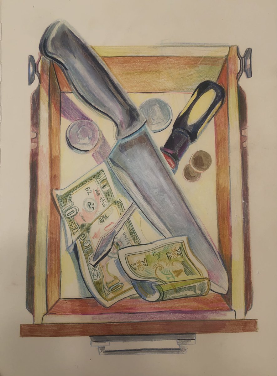 MissGrimsArt's tweet photo. Drawer (13th in series), mixed media on paper #drawer #drawing #drawerdrawing #privacy #knife #open #closed #money #dollars #tendollars #hollygrimsrudart https://t.co/5GBezUMbpm