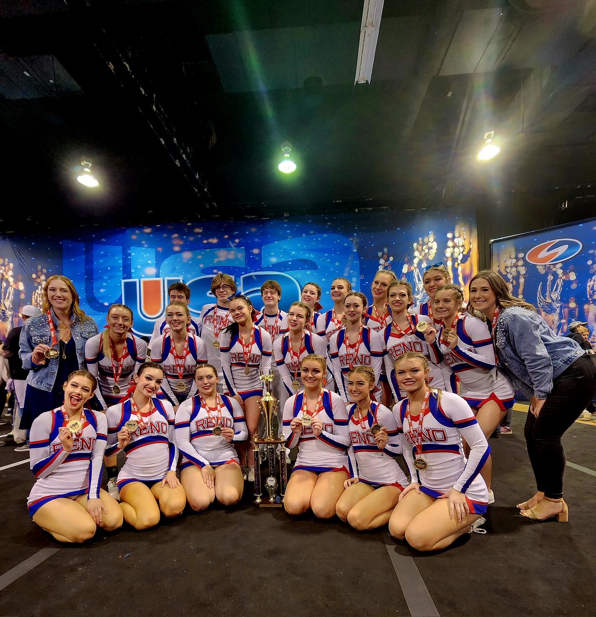 RenoSportsMed's tweet photo. First time with a competition team in 11 years and placing 2nd at Nationals! Way to go @reno_cheer! Way to represent as The Reno High School! Your Huskie family is so proud! ❤️🐺💙 #TMIWOI #RespectHonorStrength #HGOD https://t.co/fr2P12gLI4