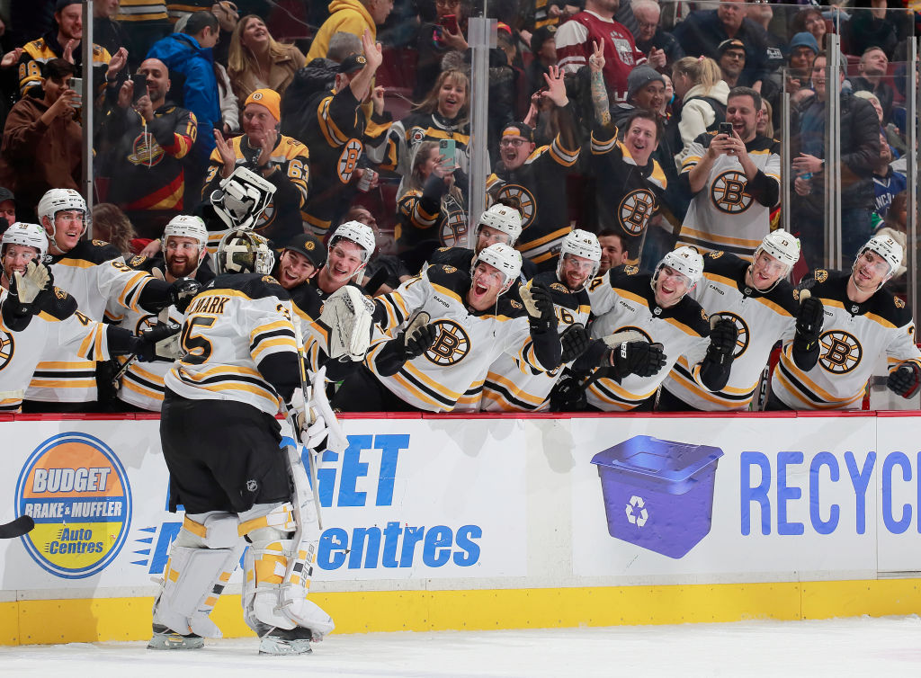 ESPNInsights's tweet photo. Linus Ullmark scored an empty-net goal, becoming the first Bruins goaltender in franchise history to score a goal.

The Bruins defeated the Canucks 3-1 and are on pace for 63 wins and 134 points, both of which would set new NHL single-season records. https://t.co/s0VkbPeLaC