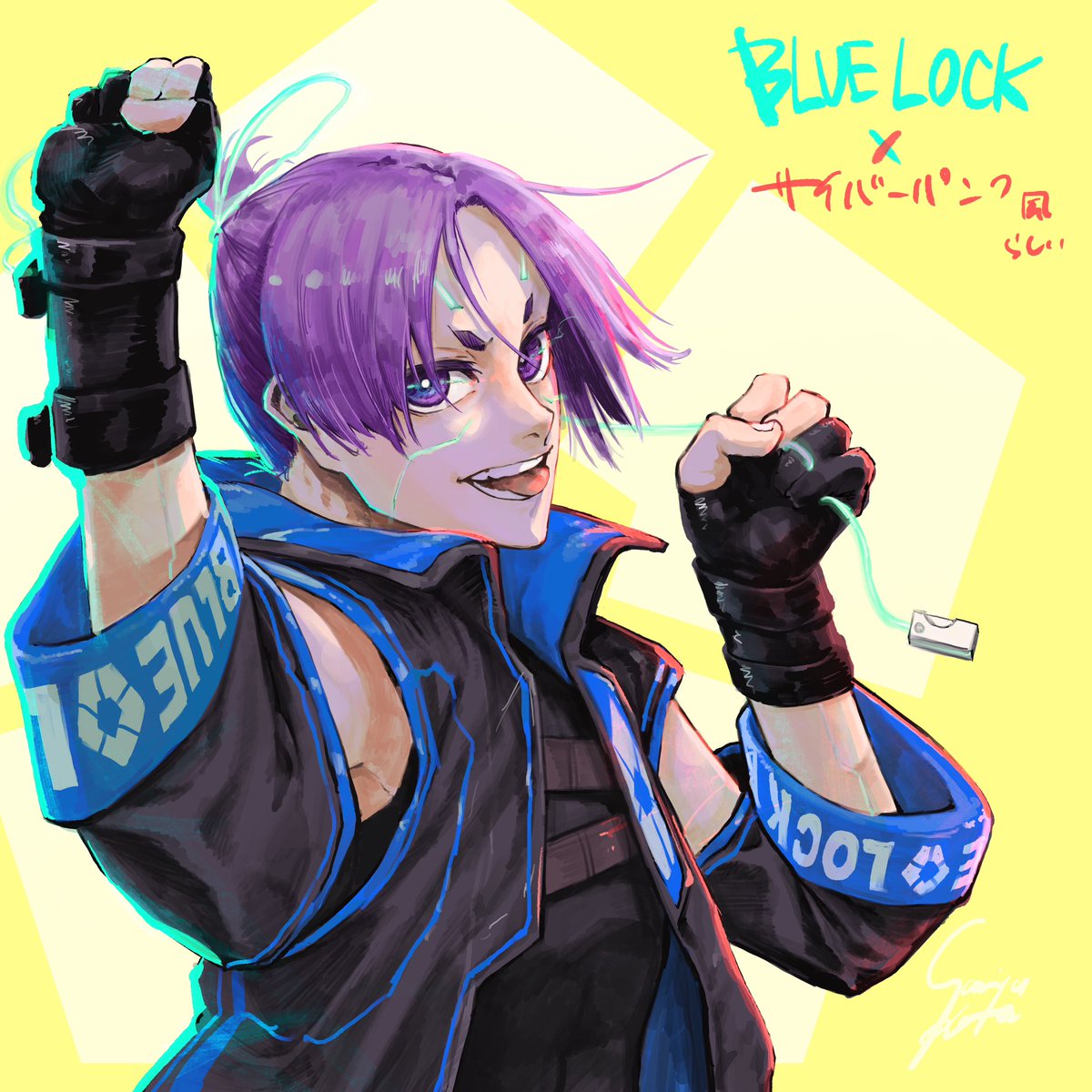 1boy solo gloves purple hair fingerless gloves male focus purple eyes  illustration images