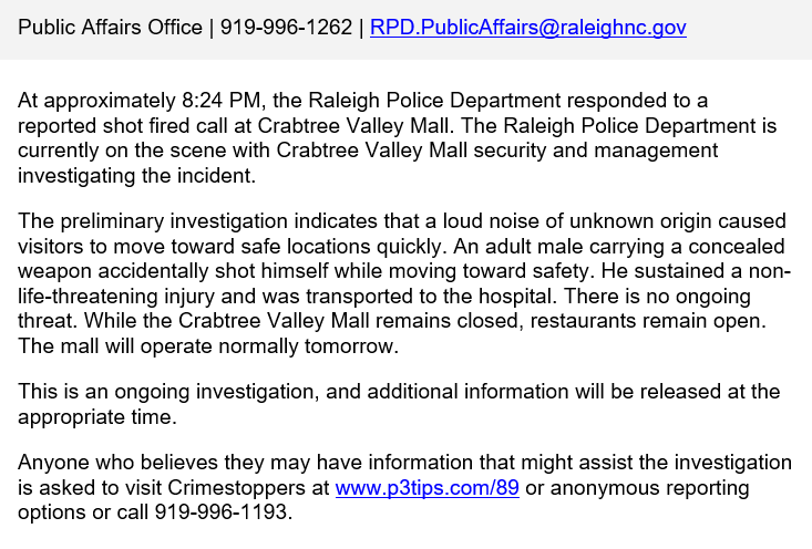 raleighpolice's tweet photo. News release regarding incident at Crabtree Valley Mall: https://t.co/IMdETiyFqo