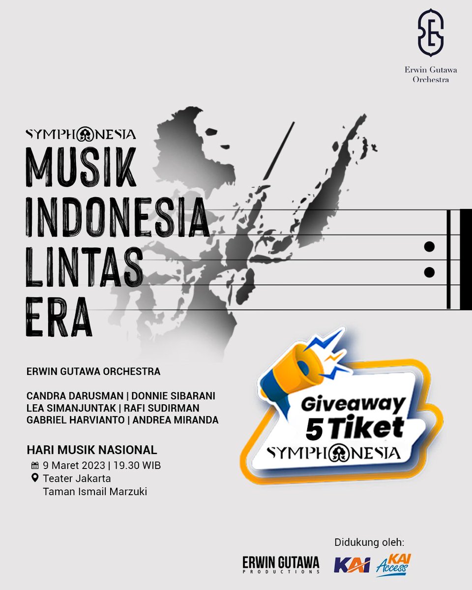 KAI121's tweet photo. Giveaway kali ini total 5 (lima) tiket nonton Konser Symphonesia, 9 Maret 2023 di Teater Jakarta-Taman Ismail Marzuki, menampilkan Erwin Gutawa Orchestra &amp; musisi papan atas Indonesia, dlm rangka Hari Musik Nasional.

Baca syarat &amp; ketentuan sblm ikutan ya!
#KAI121
#AyoNaikKereta https://t.co/QLqpZnldD9
