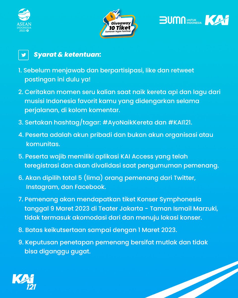 KAI121's tweet photo. Giveaway kali ini total 5 (lima) tiket nonton Konser Symphonesia, 9 Maret 2023 di Teater Jakarta-Taman Ismail Marzuki, menampilkan Erwin Gutawa Orchestra &amp; musisi papan atas Indonesia, dlm rangka Hari Musik Nasional.

Baca syarat &amp; ketentuan sblm ikutan ya!
#KAI121
#AyoNaikKereta https://t.co/QLqpZnldD9