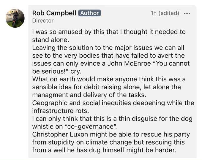 SimeonBrownMP's tweet photo. Appalling. Rob Campbell who is the Chair of Te Whatu Ora is meant to be politically neutral - but here he is having a swing at National’s Three Waters policy. 

Rob might want to spend his time trying to fix Labour’s massive hospital wait times rather than political attacks. https://t.co/Pfhcasb2uB
