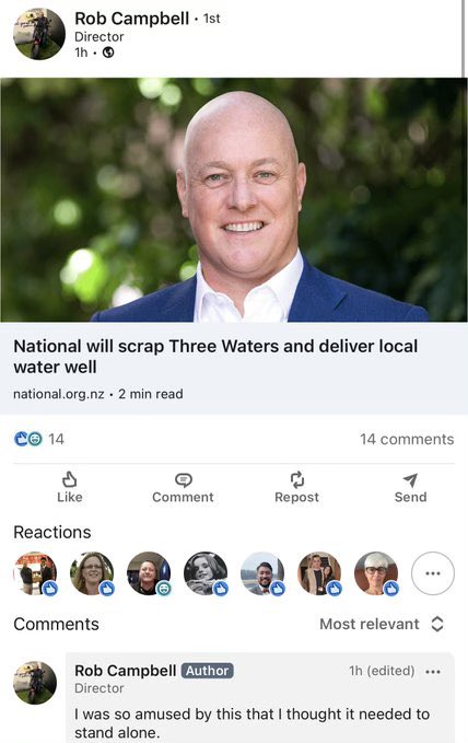 SimeonBrownMP's tweet photo. Appalling. Rob Campbell who is the Chair of Te Whatu Ora is meant to be politically neutral - but here he is having a swing at National’s Three Waters policy. 

Rob might want to spend his time trying to fix Labour’s massive hospital wait times rather than political attacks. https://t.co/Pfhcasb2uB