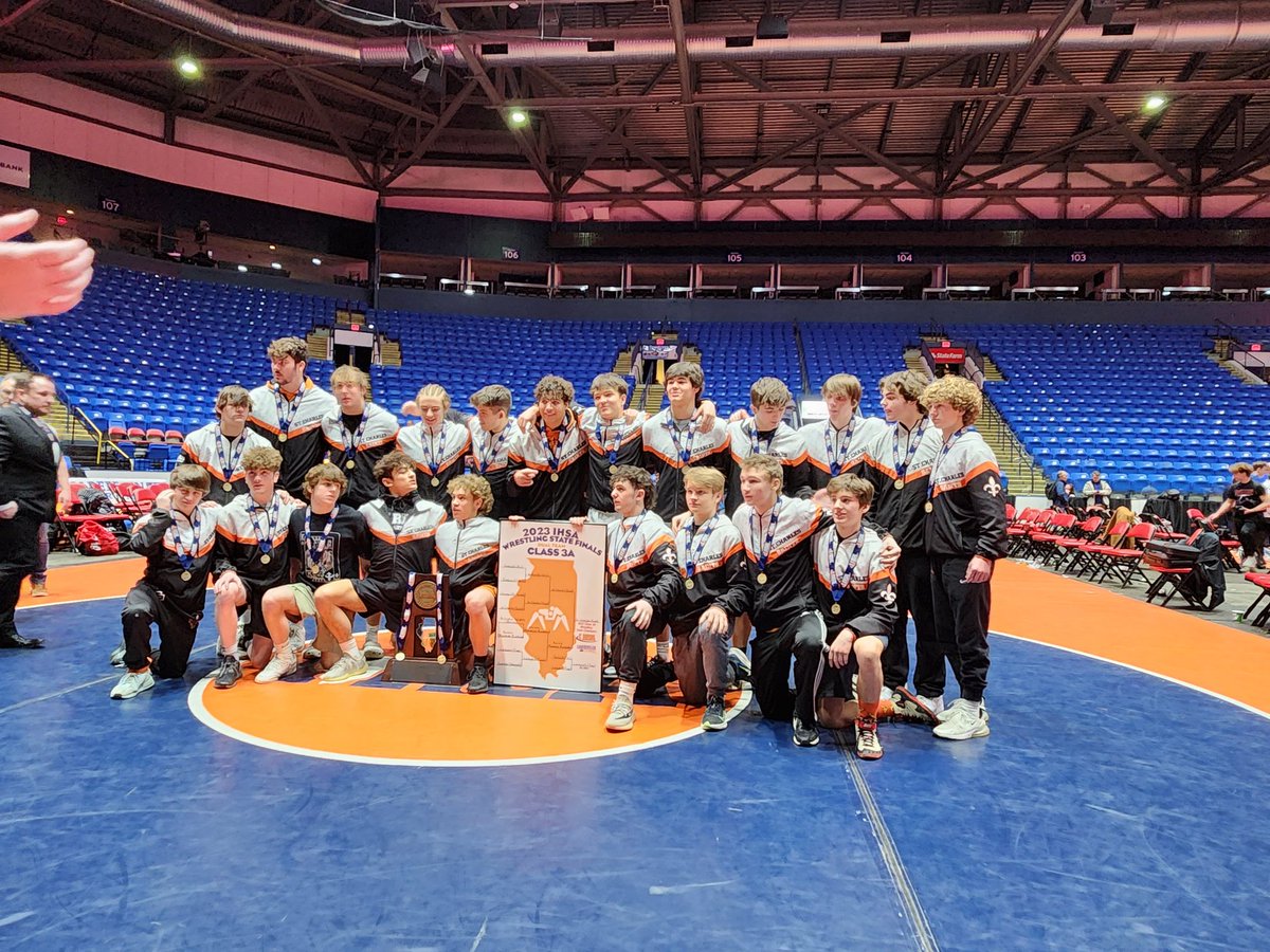 StCharlesEast's tweet photo. The @STCE_Wrestling team wins their first ever State Title @IHSAState with a 28-24 win over Marmion.  Congrats to @CoachJPotter, coaches, &amp; team.  It was truly a team effort.⚜️  @STCEathletics @STCEBoosters @StCharlesD303 #2023StateChamps #AllinSaINts #SaintsPride https://t.co/cxIqi10eLM