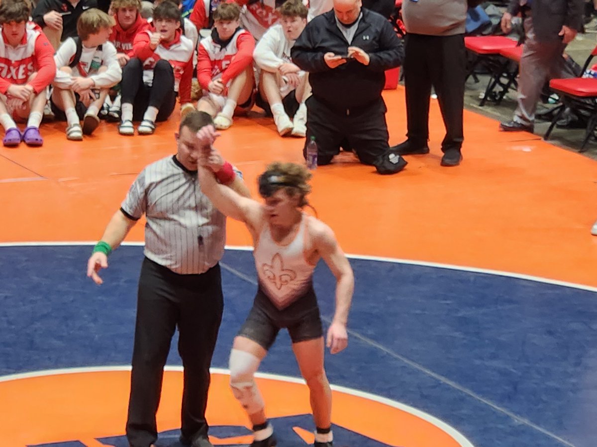 StCharlesEast's tweet photo. The @STCE_Wrestling team wins their first ever State Title @IHSAState with a 28-24 win over Marmion.  Congrats to @CoachJPotter, coaches, &amp; team.  It was truly a team effort.⚜️  @STCEathletics @STCEBoosters @StCharlesD303 #2023StateChamps #AllinSaINts #SaintsPride https://t.co/cxIqi10eLM