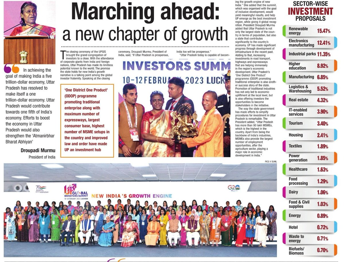 Marching Ahead: A new chapter of growth @UP_ODOP programme promoting traditional enterprise along with maximum number of expressways, largest consumer base, highest number of @upmsme setups in the country and improved law and order have made Uttar Pradesh an investment hub