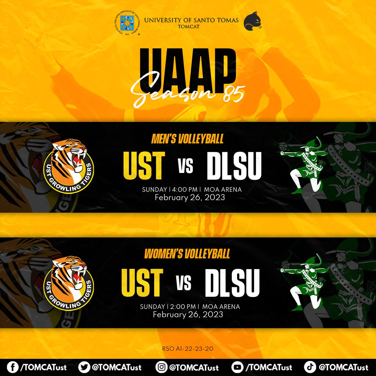 TOMCATust's tweet photo. They’re about to set it up and spike down! 

Catch the UST Golden Tigresses and Golden Spikers as they are back and bolder this season!

Watch the first set of games against DLSU today at the MOA Arena, at 2:00 and 4:00 PM, respectively. 

#GoUSTe
#UAAPSeason85
#RiseAsOne https://t.co/ijH3XBGKHW