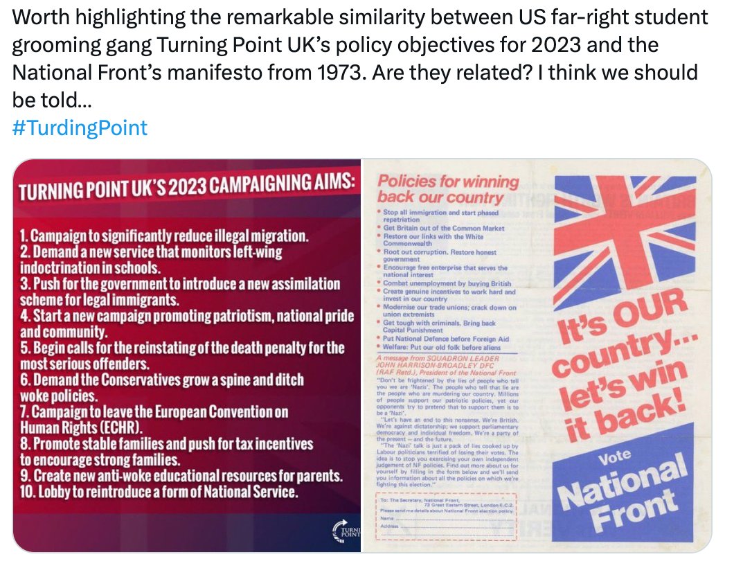 jnorcr's tweet photo. When you look at how a group like #TurningPointUSA manifests itself elsewhere (like the UK), we can clearly see their far right nature.
#TPUSA is insinuating itself into the #WIGOP more and more.
#DaneCountyWI β #LewishamUK https://t.co/d1cJ1vncFN