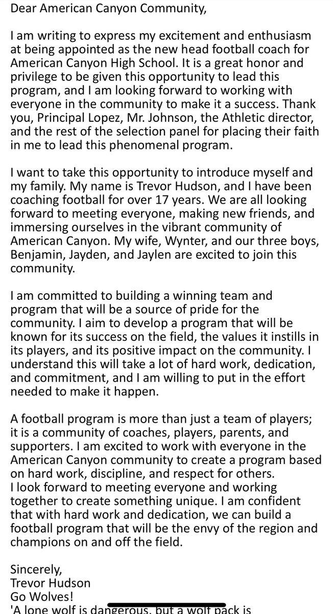 Pending NVUSD School Board approval on March 23rd, we are excited to announce the hiring of Trevor Hudson as our new Head Football Coach!

Please see his letter of introduction and join me in welcoming him to the ACHS community!