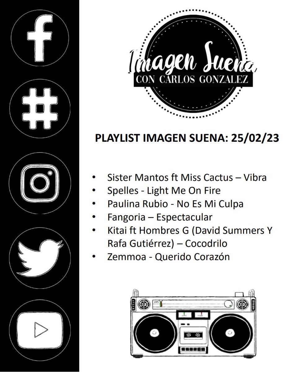 suenaconcharly's tweet photo. 🔊 Aquí el playlist de #ImagenSuena con Carlos González 🎶
🔥 Música de #SisterMantos ft #MissCactus , #Spelles , #PaulinaRubio , #Fangoria , #Kitai ft #HombresG y de #Zemmoa
👉🏼 #Querétaro, nos escuchamos el próximo sábado a las 9 p.m. por el 94.7 FM 🎸
#CharlySuena ✨ https://t.co/fdKOc7QMz0