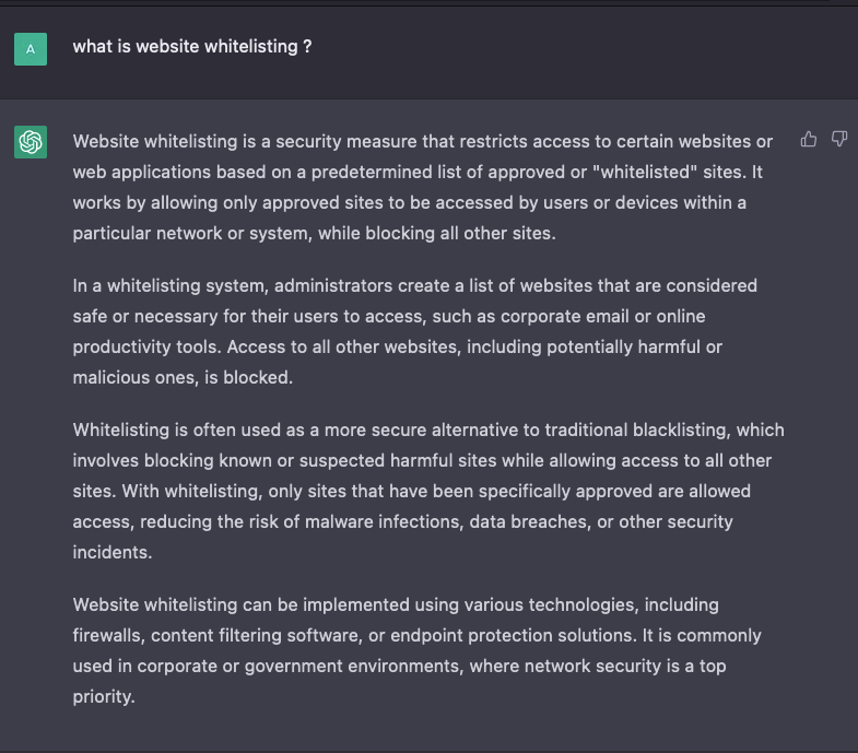 aplens_co's tweet photo. Since it is trained on online text indexing, this answer shows a consensus of the Internet towards a particular concept or trend --> "#whitelisting a more secure alternative to traditional #blacklisting" https://t.co/2ZREpuRoZv