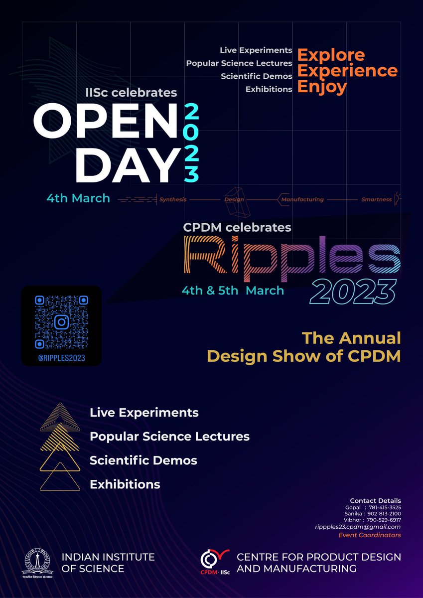 iiscbangalore's tweet image. During #IIScOpenDay2023, @designatiisc will organise its annual design showcase, Ripples, on 4 &amp;amp; 5 March, which will include a design challenge, workshops, demos &amp;amp; more!
instagram.com/ripples2023/?h…
linktr.ee/ripples2023
drive.google.com/file/d/1-3eYwi…