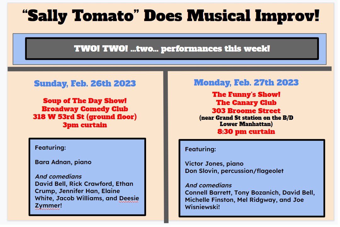 KnickerDavid's tweet image. I suck at publicity BUT Sally Tomato is doing two performances in the next 48 hours.  It's musical comedy madness!  It's a deluge of jokes and high notes!  
Sunday afternoon, 3pm and Monday evening 8:30pm! Come see us, New York!