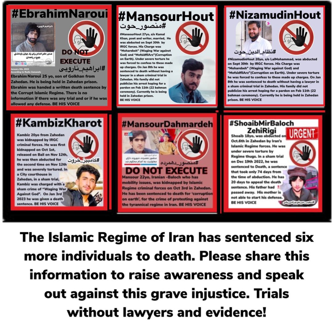 #IRGCterrorists of Iran has sentenced six more individuals to death. Please share this information to raise awareness and speak out against this grave injustice

EbrahimNaroui 25, KambizKharot 21, MansourDehmardeh 22, ShoaibMirbalochzehiRigi 18, NezamuddinHout 20, MansourHout 27