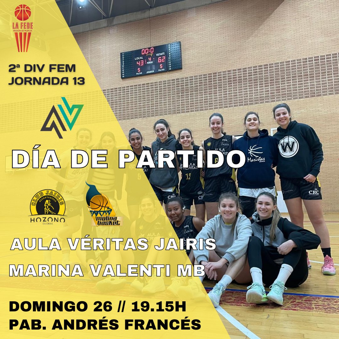 CBJairis's tweet photo. 𝗘𝗤𝗨𝗜𝗣𝗢𝗦 𝗦𝗘𝗡𝗜𝗢𝗥

Doblete de partidos esta tarde de nuestros equipos senior masculino de 1ª división y el @AulaVeritas Jairis de segunda división femenina, que lideran las clasificaciones y están haciendo una gran temporada.

#FamiliaJairis https://t.co/G4H669fKfn