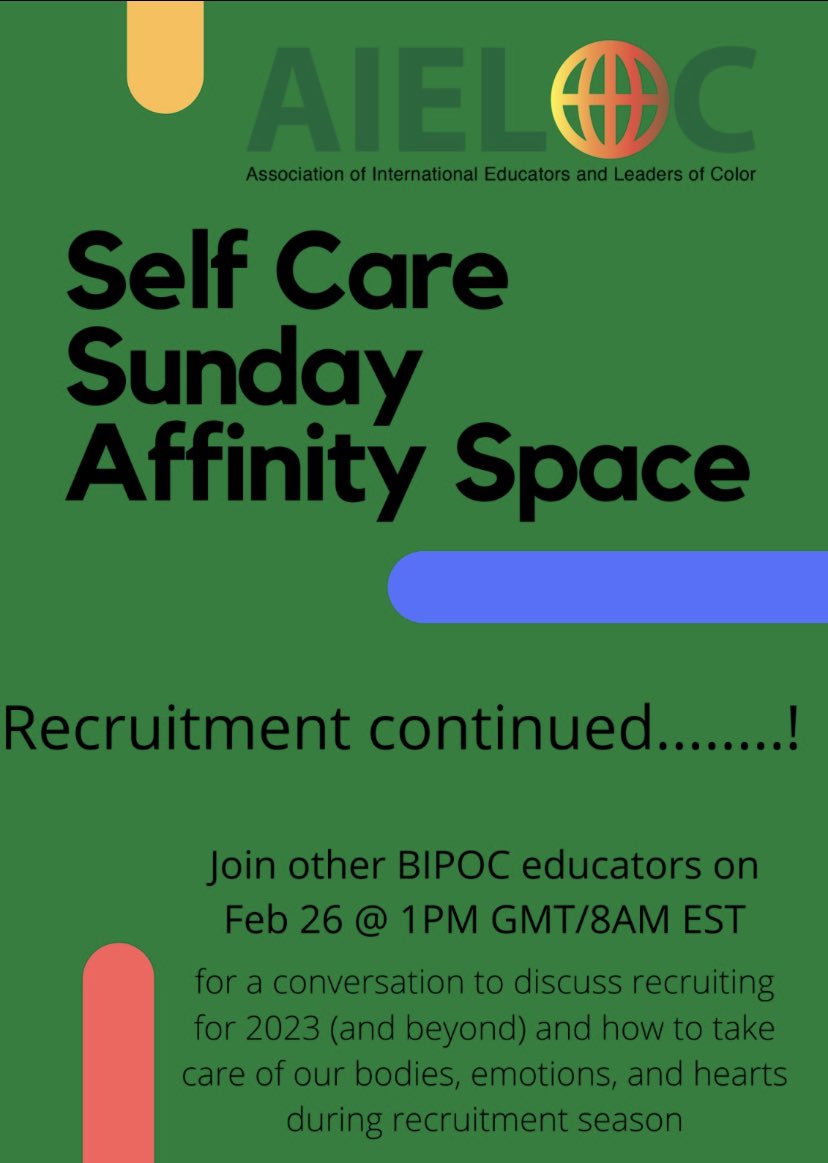 Dalais44's tweet photo. Please join us later today as we continue our conversations on recruitment in international schools and how BIPOC educators fit into the system. You can find our zoom link here: https://t.co/yGxedssqHb #AIELOC #Internationalschools #Internationalteachersofcolour https://t.co/biTjxZlaLg