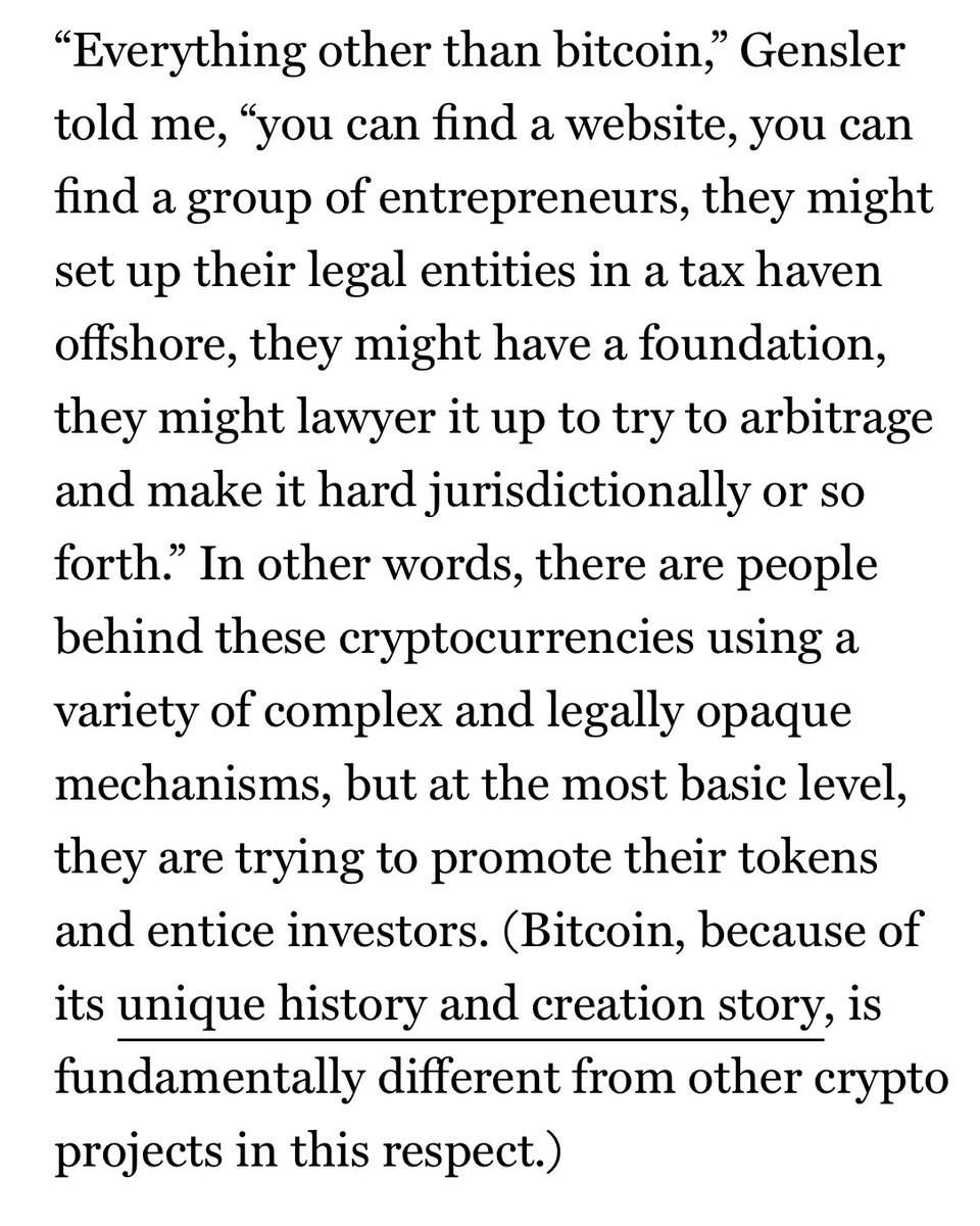 CorySwan's tweet photo. Hot off the @NYMag press, from @GaryGensler 

“Everything other than bitcoin,” Gensler told me, “you can find a website, you can find a group of entrepreneurs, they might set up their legal entities in a tax haven offshore, they might have a foundation, they might lawyer it up to try to arbitrage and make it hard jurisdictionally or so forth.”