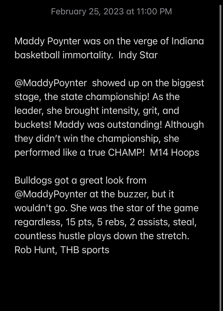 ⁦@MaddyPoynter⁩ #StateFinals 15 pts, 5 reb, 2 asst and a steal.  Check out what the local outlets had to say 👇🏼 ⁦@M14hoopsindy⁩ ⁦@hunt_Rob⁩ ⁦@Brian_Haenchen⁩ You know how to make a girl feel special. ❤️ Thank you!  #CinderellaStory ⁦@GbballLapel⁩ 🏀