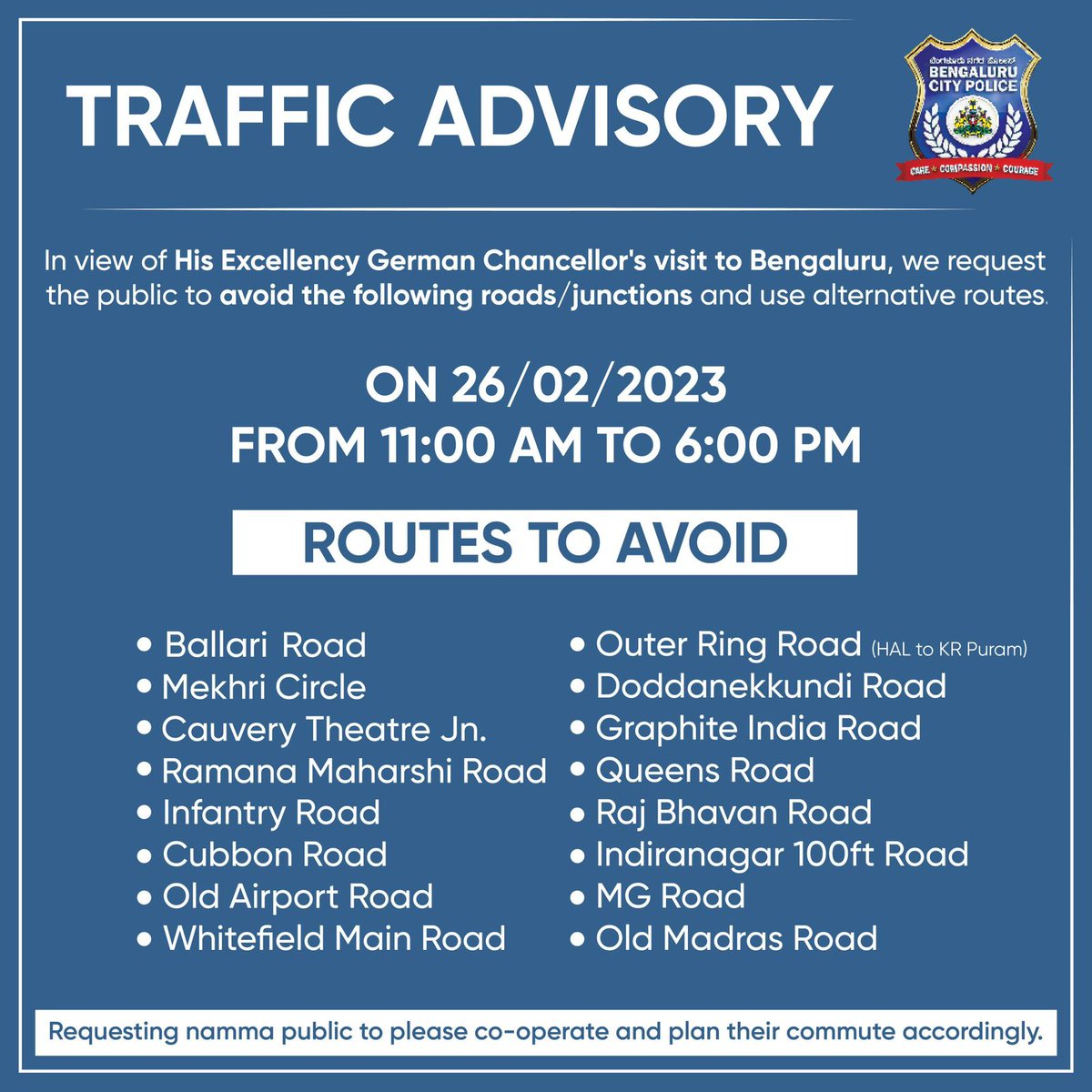 AECS_Layout's tweet image. Important Traffic Advisory
His Excellency Mr. Olaf Scholz, Chancellor of the Republic of Germany would be visiting SUN MOBILITY at Doddanekundi Industrial Area and SAP Labs in EPIP today, 26th February 2023 around 12:40 PM to 4:15 PM
@WFRising