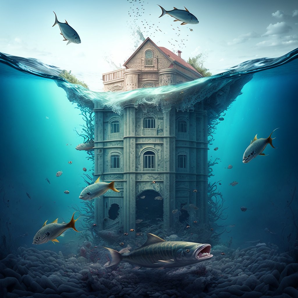 sunouku's tweet image. #AIART大喜利 #midjourney #aiart 
お題:「海に沈んだ●●」
空から海へ落下してきた直後感のある家