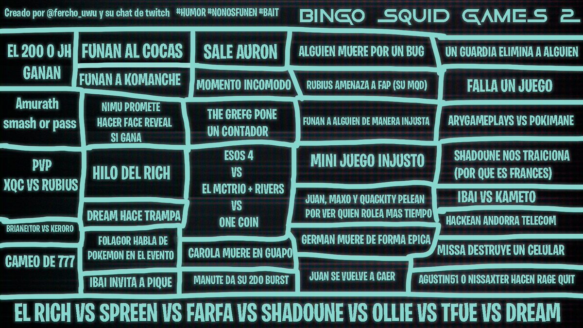 Fercho_UwU's tweet photo. Aquí tienen mi bingo para los #SquidcraftGames2 
¿QUE OPINAN?😎
 
 #Humor #NoMeFunen #EsMiBingoNoTuyo #FunenaMiChatEntonces https://t.co/rZTKHfX00a