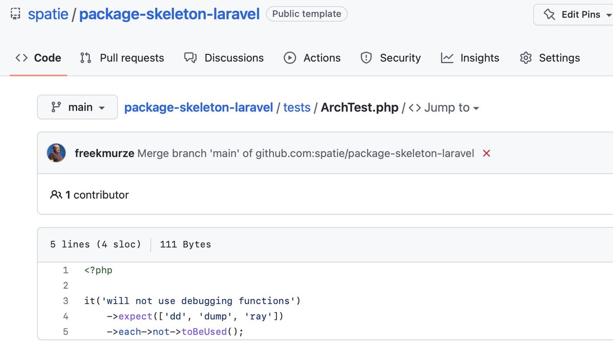 freekmurze's tweet image. In fact, I’ve also added this test to our package skeleton for #laravel apps 👍
github.com/spatie/package…
Learn how to create kickass packages with our skeleton in our course laravelpackage.training
📺 Videos for Pest 2 are prepped and will be added soon to the course!
#laravelIN