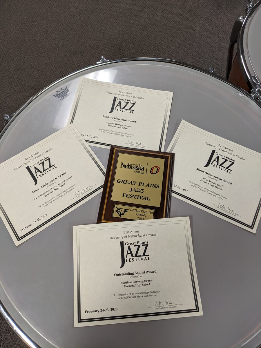 fremontbands's tweet photo. Great day for Fremont Jazz at the UNO Jazz Fest, the band did an Excellent job and 3 of our musicians were recognized for outstanding musicianship, Keiry Hernandez Perez, Silvia Woods, and Matthew Hartung who also received and outstanding Jazz Soloist Award!! https://t.co/gm4hTMag6v