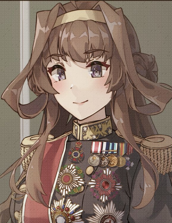 1girl solo long hair brown hair hair bun medal epaulettes  illustration images