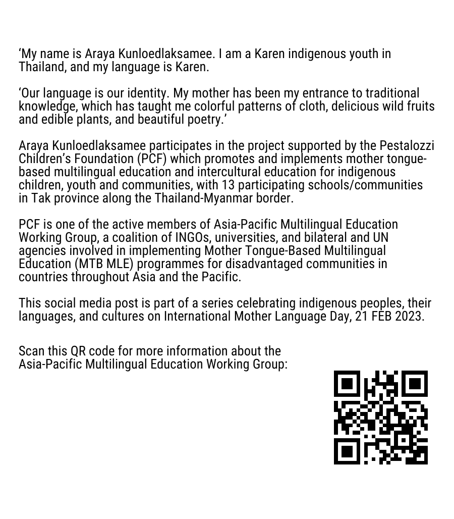 ‘My name is Araya Kunloedlaksamee. I am a Karen indigenous youth in Thailand, and my language is Karen.'

Let's celebrate #MotherLanguageDay & #IndigenousLanguages by reading this story, liking & retweeting it!