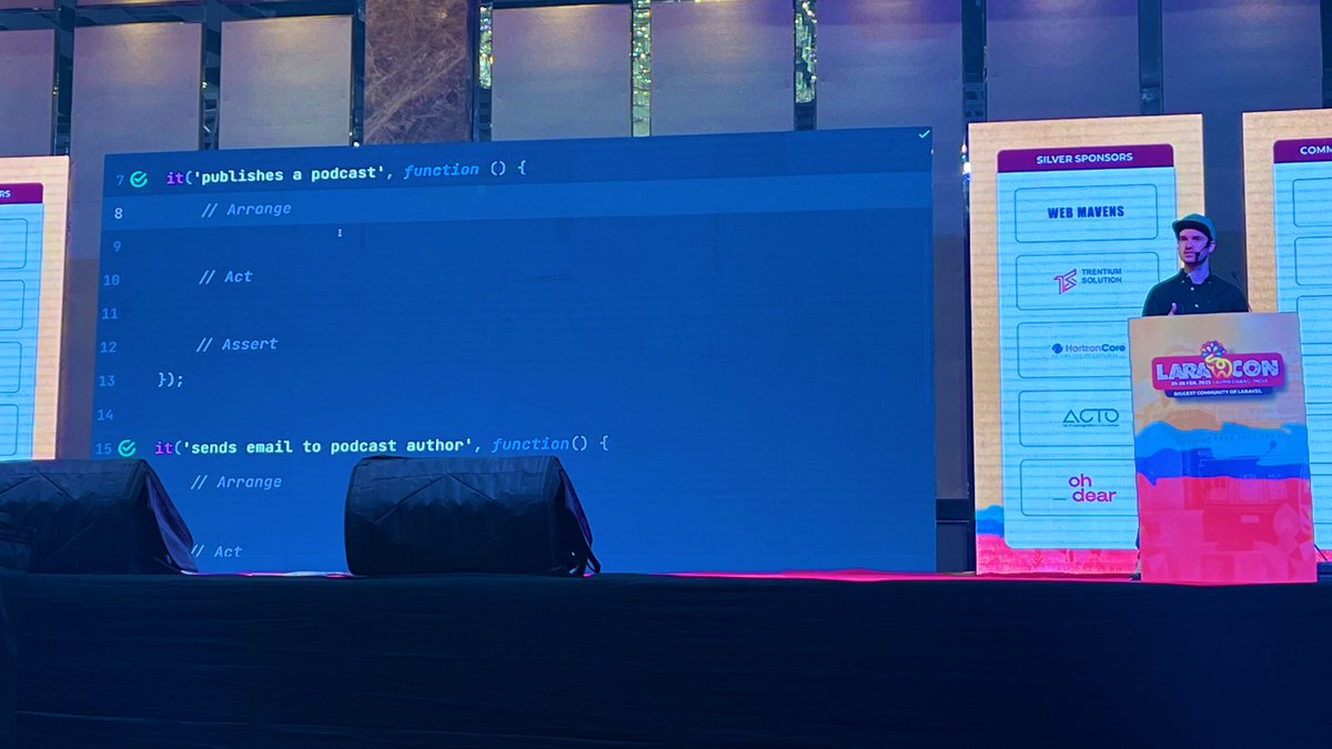 enunomaduro's tweet photo. Important rule on testing: arrange, act, and assert! Always separate your test in these 3 different steps. ✅ @LaraconIN @christophrumpel https://t.co/DKdljuRS0V