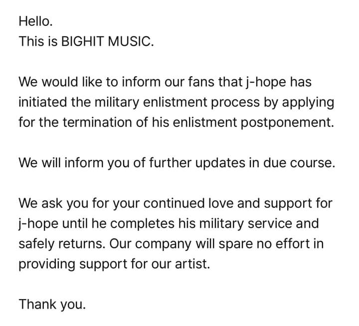 thvntu's tweet photo. Big hit acaba de informar que Hoseok ha iniciado su proceso para enlistarse en el servicio militar.😭😭😭 

no puede ser, todavía no nos recuperamos de Seokjin y Hobi ya se va también https://t.co/BFlw0iZg5o
