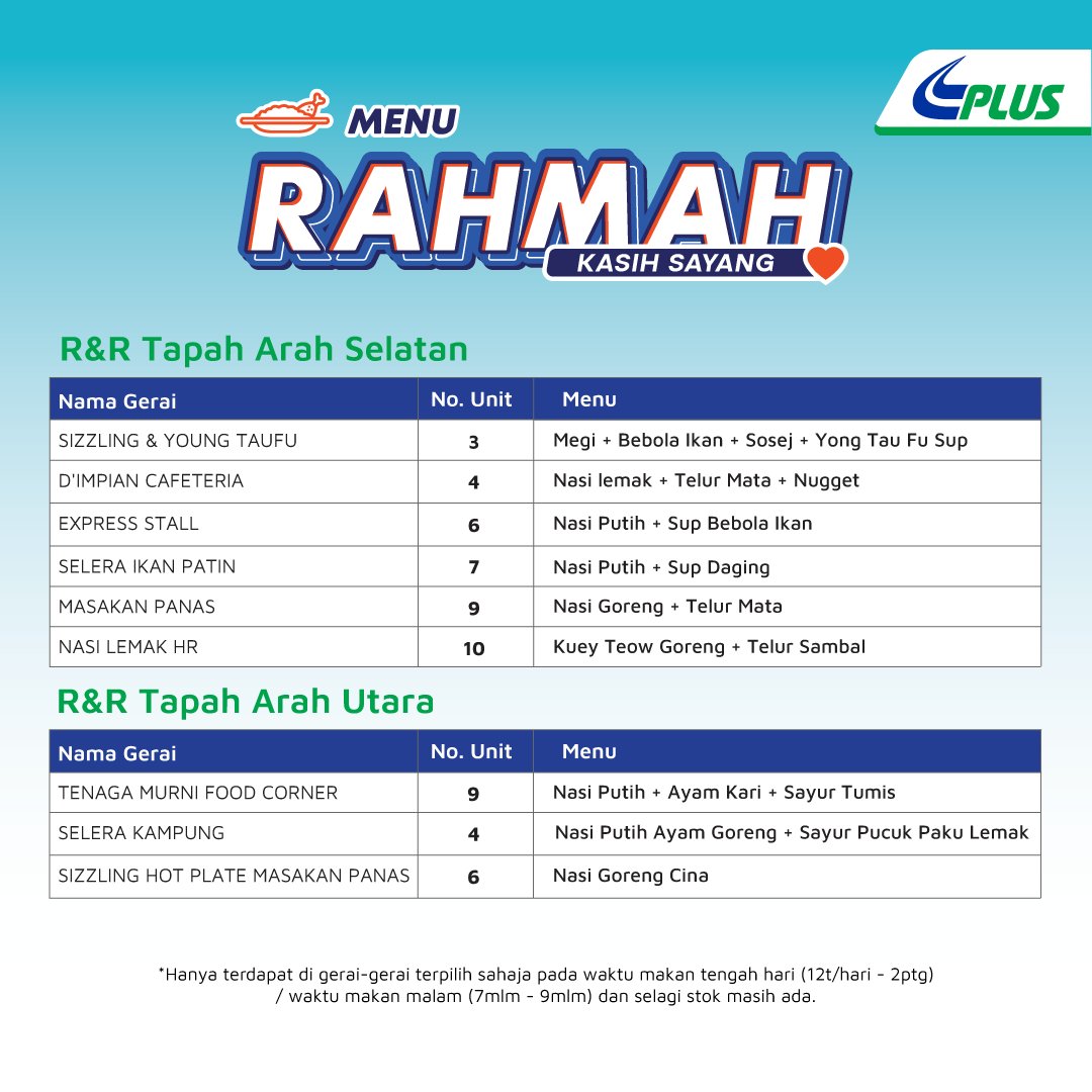 JaPenWPKL's tweet photo. MENU RAHMAH DI R&R DAN HENTIAN SEBELAH LEBUHRAYA PLUS! 😍
#plushighway
#MenuRahmah
#MenuRM5
#MalaysiaMadani
#DemiRakyat
#DemiPertiwi
#KLCeria
#CMSWPKL https://t.co/TKyOJEb4C1