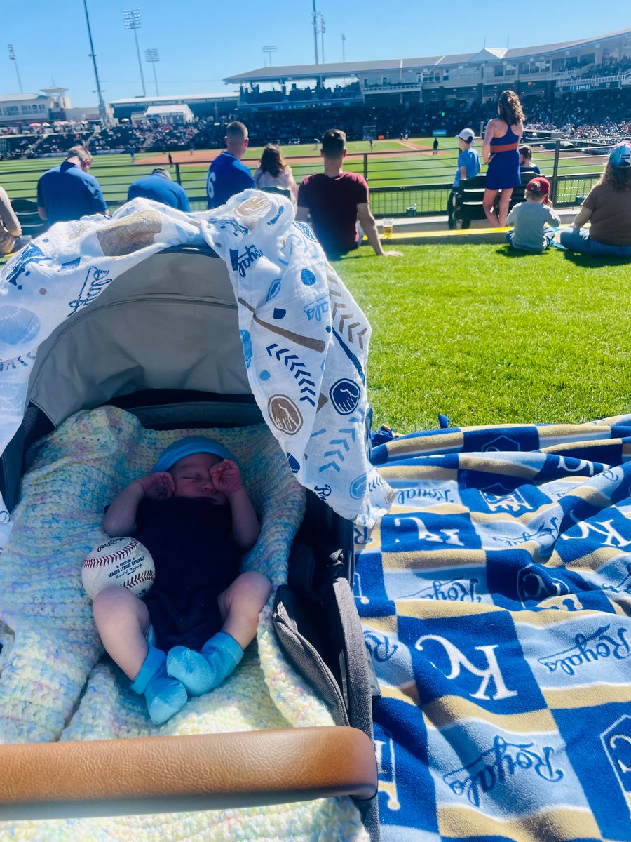 RebekahBasore's tweet photo. Nolan Ryan Huth’s  first baseball game at 9 days old!  So blessed it was a @Royals game 💙However the opposing team was very fitting as well considering his name sake. @Rangers https://t.co/bPiTAg1a88