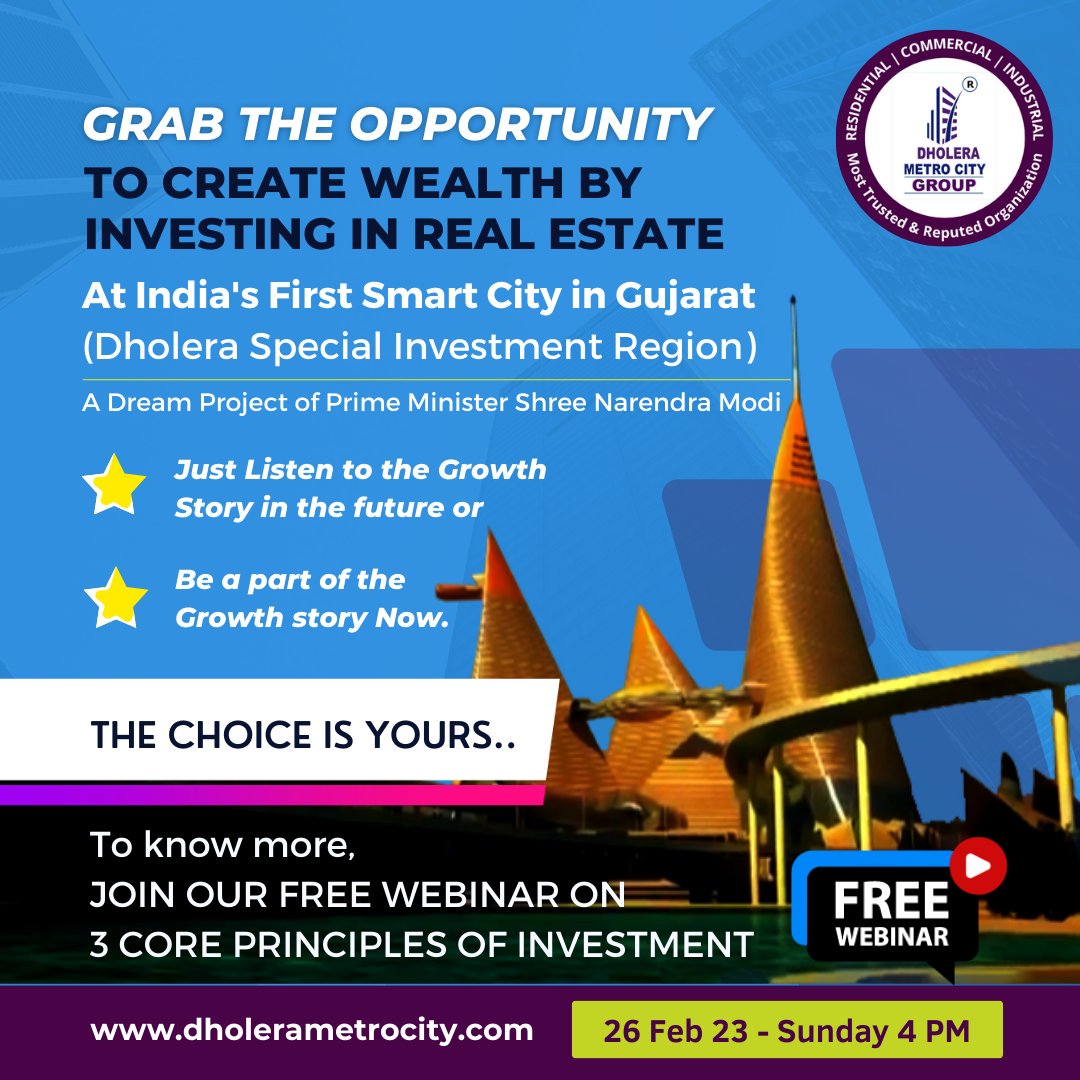 You must join this FREE webinar which is designed for the perfect investment principles that you will be proud to attend.
us02web.zoom.us/j/8394106126?p…
Passcode: DMC1081 

#ThinkSmartThinkDholera #webinar #investmentwebinar #InvestInIndia #Webinar2023 #WebinarAlert #webinaronline