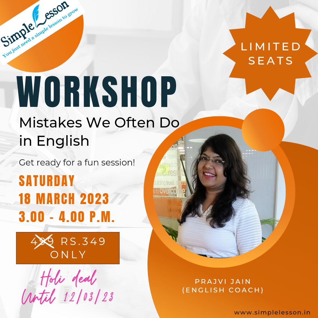aSimpleLesson's tweet photo. Join this exciting workshop and check out if you commit these mistakes too. 

To register, click on the link below.
https://t.co/RBhKwaoi46

Hurry! Limited seats!

#LearnEnglish #SimpleLesson #EnglishTeacher https://t.co/BZdinsKOVt