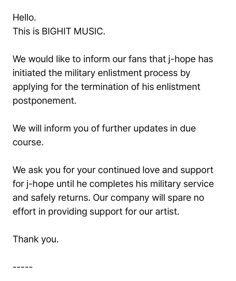 kiss_seven7's tweet photo. — ANUNCIO de Bighit sobre el servicio militar de #JHOPE de BTS

"Hola. Esto es bighit music. Nos gustaría informar a nuestros fans que j-hope ha comenzado el proceso de alistamiento militar solicitando el final de su aplazamiento de alistamiento. (+) https://t.co/d9coGy7PCk